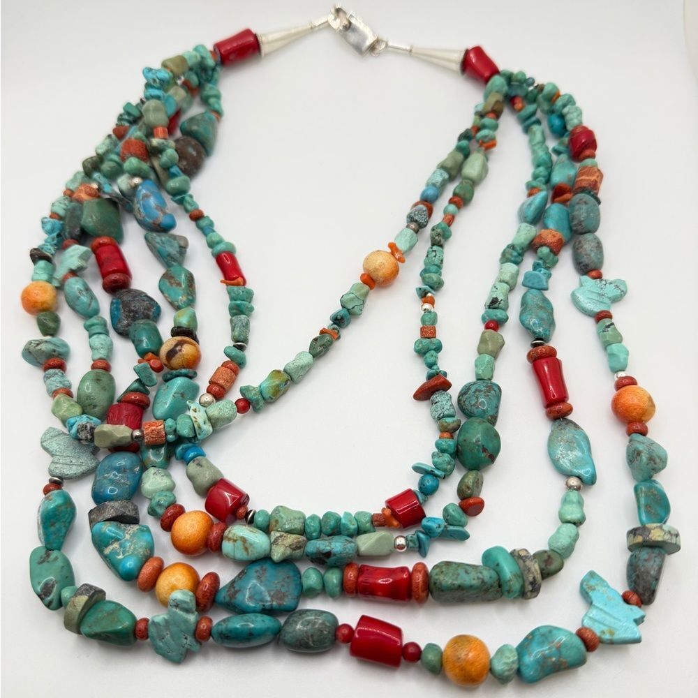 AMAZING ~20" 5 strands of Coral, Silver, TURQUOISE beads w/ VTG 925 TAXCO clasp! - Picture 8 of 13